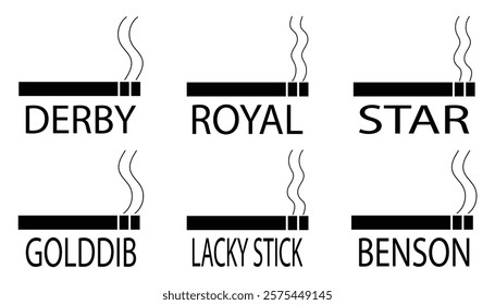 Silhouette of cigarette sign vector, Silhouette, derby, royal, star, Golddib, Lacky stick, Benson, flat design isolated on white background