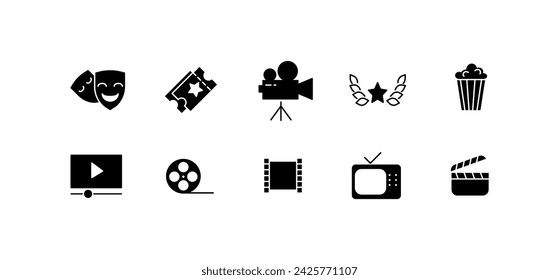 Silhouette of cinema buttons. Ticket icons, button design for cinematography, camera, star, popcorn, play button, movie strip, TV. Vector icons