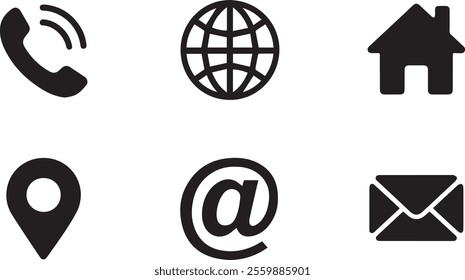 Silhouette Circle Icons Phone, Globe, House, Location, Envelope Email, And At Symbol. Vector Design