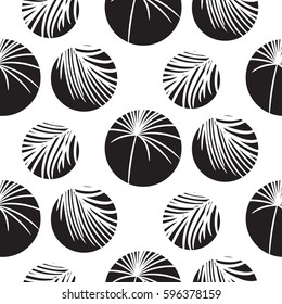 Silhouette circles and palm leaves black seamless vector pattern on white background. Tropical jungle nature leaf.