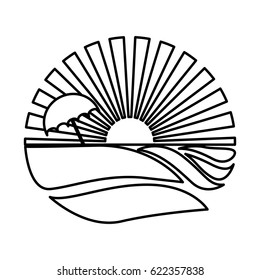 silhouette circular background sunset with beach and umbrella vector illustration