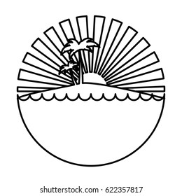 silhouette circular background sunset in the ocean with island and palms vector illustration