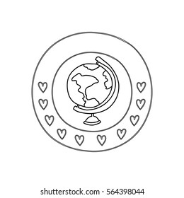 silhouette circular border with hearts and map of the world