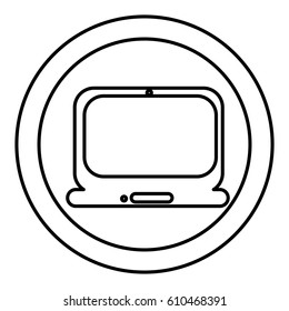 silhouette circular frame with silhouette tech laptop vector illustration