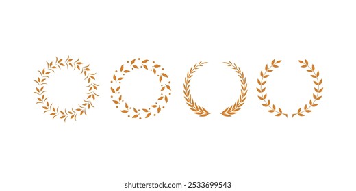 silhouette circular laurel foliate, wheat and oak wreaths depicting an award, achievement, heraldry, nobility on white background
Silhouette Circular Laurel, Wheat, and Oak Wreaths. Award, Achievement