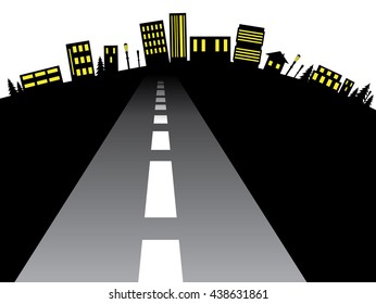 Silhouette of city abstraction with the road leading to it.
