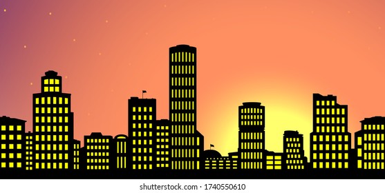 Silhouette of the city against the backdrop of the setting sun.