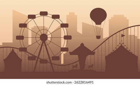 Silhouette of a city and amusement park with hot air balloon
