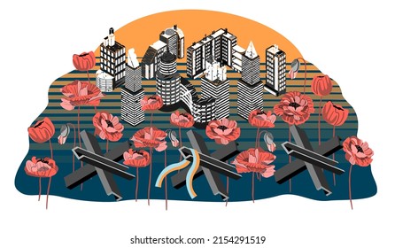Silhouette of the city, anti-tank hedgehogs and blooming red poppies.Background in yellow and blue.Vector flat illustration for printing on fabric and paper.