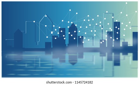 Silhouette city background. City scene on night time. network connection and line composition concept of business.