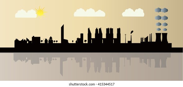 Silhouette of city background at sunset.Vector illustration