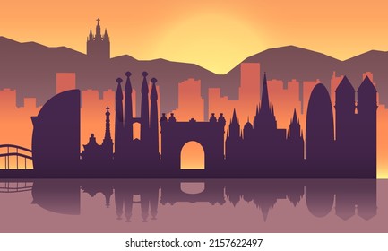 Silhouette of city Barcelona on the sunset