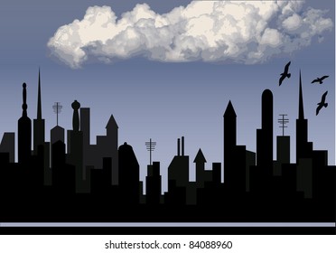 silhouette of a city with blue sky and cloud