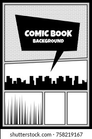 Silhouette City Boom Explosion. Speech Bubble Balloon. Comics Book Monochrome Template Background. Pop Art Black White Empty Backdrop Mock Up. Vector Illustration Halftone Dot Mockup For Comic Text.