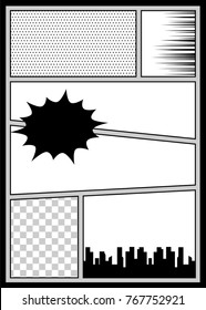 Silhouette City Boom Explosion. Speech Bubble Balloon. Comics Book Monochrome Template Background. Pop Art Black White Empty Backdrop Mock Up. Vector Illustration Halftone Dot Mockup For Comic Text.