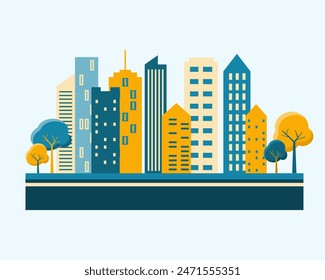 Edificio de la ciudad de la silueta en el Vector de la ilustración plana, diseño urbano del paisaje. Edificios urbanos con árboles