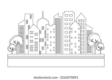 Silhouette city building in flat illustration vector, urban cityscape design. City buildings with trees