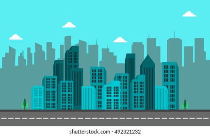 Silhouette of city building and street vector illustration
