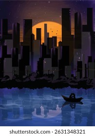 silhouette of city buildings and lake at night