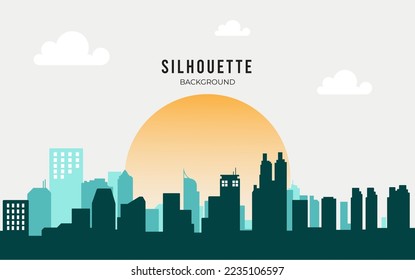 Silhouette of the city. Cityscape background. Simple blue texture. Urban landscape. For banner or template. Modern city with layers. Flat style vector illustration.
