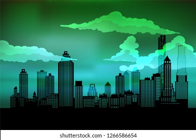 Silhouette of the city. Cityscape background. Urban landscape. For banner or template. Modern city with layers. Flat style vector illustration