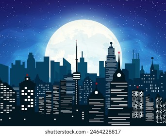 Silhouette of the city with cloudy night sky, stars and full moon. vector illustration