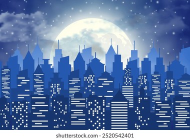 Silhouette of the city with cloudy night sky, stars and full moon. vector illustration