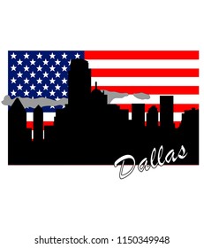 Silhouette of the city of Dallas, against the background of the colors of the national flag