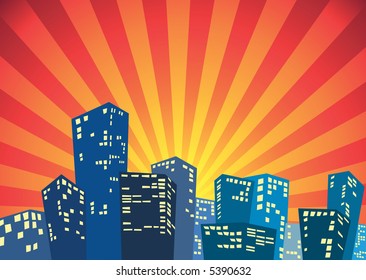 Silhouette of the city in the dawn