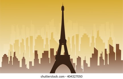 Silhouette of city and eiffel tower at the sunrise