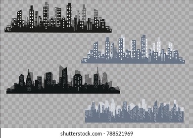 Silhouette of the city in a flat style. Modern urban landscape. Vector illustrations. City skyscrapers building office horizon on a transparent background.