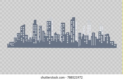 Silhouette of the city in a flat style. Modern urban landscape. Vector illustrations. City skyscrapers building office horizon on a transparent background.