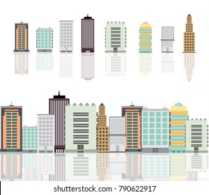 Silhouette of the city in a flat style. Modern urban landscape. Vector illustrations. City skyscrapers building office horizon on a transparent background.