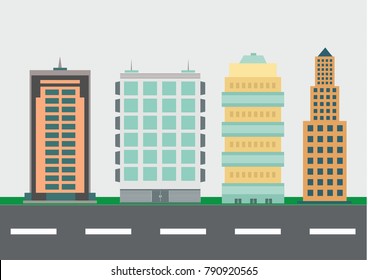 Silhouette of the city in a flat style. Modern urban landscape. Vector illustrations. City skyscrapers building office horizon on a transparent background.