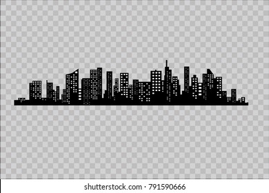 Silhouette of the city in a flat style. Modern urban landscape. Vector illustrations. City skyscrapers building office horizon on a transparent background.Can be used for green city, recreation zone.