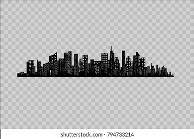 La silueta de la ciudad en un estilo plano. El paisaje urbano moderno. Ilustraciones vectoriales. Rascacielos de la ciudad construyendo el horizonte de la oficina en un fondo transparente. Puede ser usado para ciudad verde, zona recreativa.