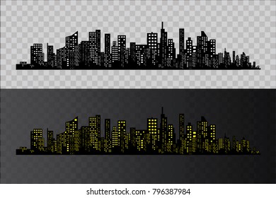 Silhouette of the city in a flat style. Modern urban landscape. Vector illustrations. City skyscrapers building office horizon on a transparent background.Can be used for green city, recreation zone.