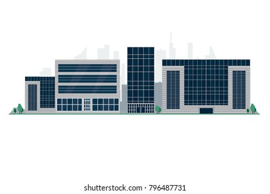 Silhouette of the city in a flat style. Modern urban landscape. Vector illustrations. City skyscrapers building office horizon on a transparent background.Can be used for green city, recreation zone.