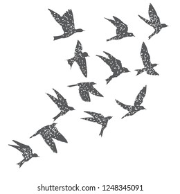 Silhouette of city flying birds on white background. Inspirational body flash tattoo ink. Set of textured stipple grey birds fly swallows, hand made. Vector.