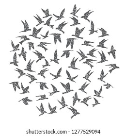 Silhouette of city flying birds on white background. Inspirational body flash tattoo ink. Set of textured stipple grey birds fly swallows, hand made. Vector.