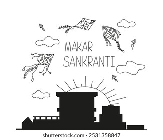 Silhouette of city, Happy Makar Sankranti holiday in India. Background, Celebration of Indian festival. January 15. Vector black and white illustration design template, poster, banner, flyer.