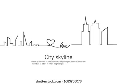 Silhouette of the city and heart and love in continuous drawing lines in a flat style. Modern urban landscape. Vector illustrations. City skyscrapers building office horizon.Continuous line drawing