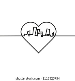 Silhouette of the city and heart and love in continuous drawing lines in a flat style. Modern urban landscape. Vector illustrations. City skyscrapers building office horizon.Continuous line drawing