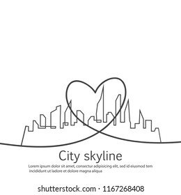 Silhouette of the city and heart and love in continuous drawing lines in a flat style. Modern urban landscape. Vector illustrations. City skyscrapers building office horizon.Continuous line drawing