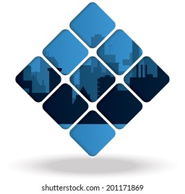 silhouette of city inside group of nine squares. Vector illustration