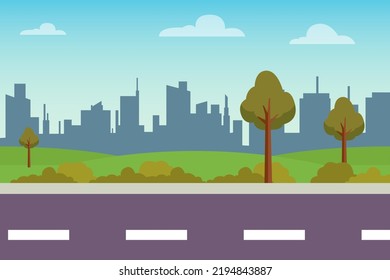 Silhouette of city landscape with empty road, parks, and modern building. vector illustrations