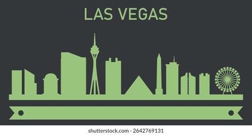 the silhouette of the city of Las Vegas with a green outline of skyscrapers on a dark background. Above the silhouette is a ribbon with the inscription “LAS VEGAS” in the same green color.