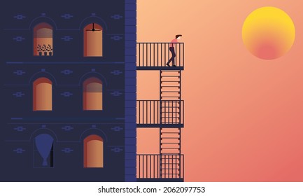 Silhouette of the city in late evening, buildings rooftops and evening sky and boy on the roof and setting sun. vector illustration 