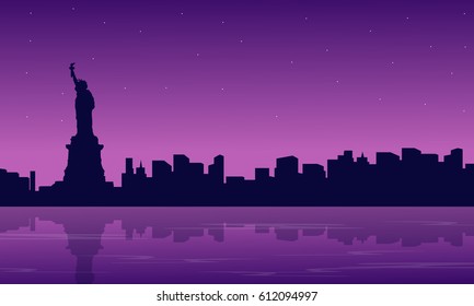 Silhouette of city with liberty building scenery