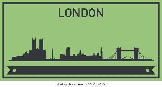 silhouette of the city of London on a green background with the inscription “LONDON” at the top and a decorative ribbon for the text.